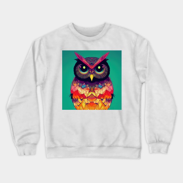 Colorful Owl Portrait Illustration - Bright Vibrant Colors Kawaii Bohemian Style Feathers Psychedelic Bird Animal Rainbow Colored Art Crewneck Sweatshirt by JensenArtCo